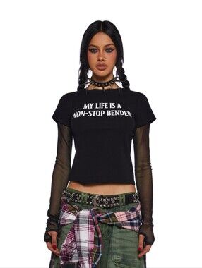 Dolls Kill Black Kids Graphic Tee with White Slogan